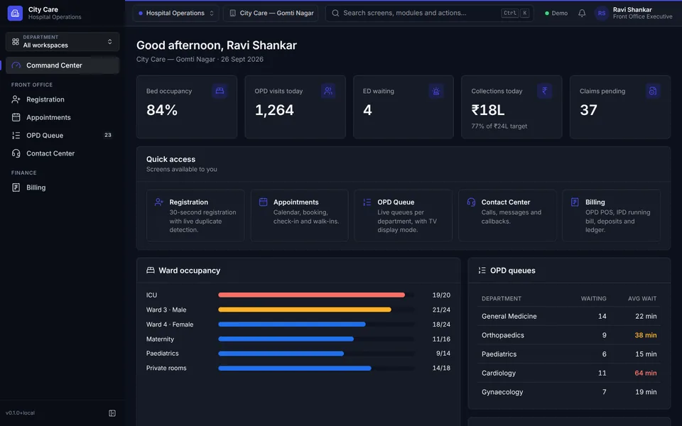 Hospital command center in dark theme