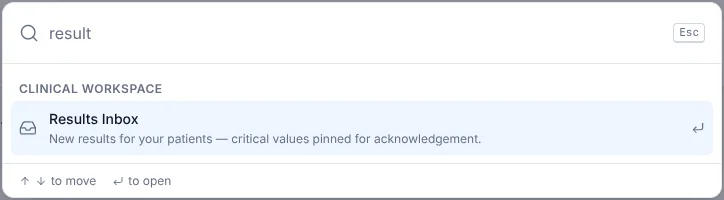 Command search in Kashinex Health finding the Results Inbox